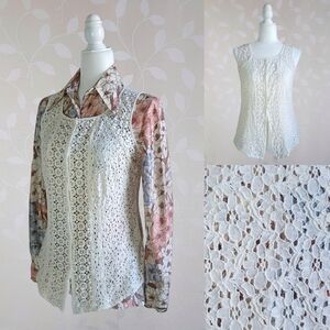 Vintage 90s Van Heusen Cream Floral Eyelet Button Front Sleeveless Top Vest XS
